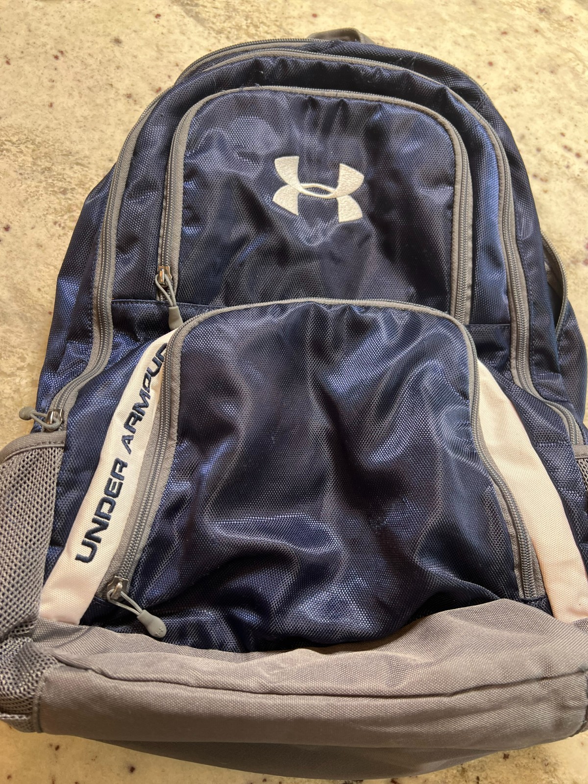 Under Armour Backpack Navy Gray Orange Adjustable Strap Travel School Sports