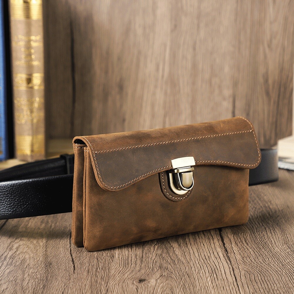 Genuine Leather Cell Phone Belt Clip Holster RFID Waist Bag Wallet Carrying Case