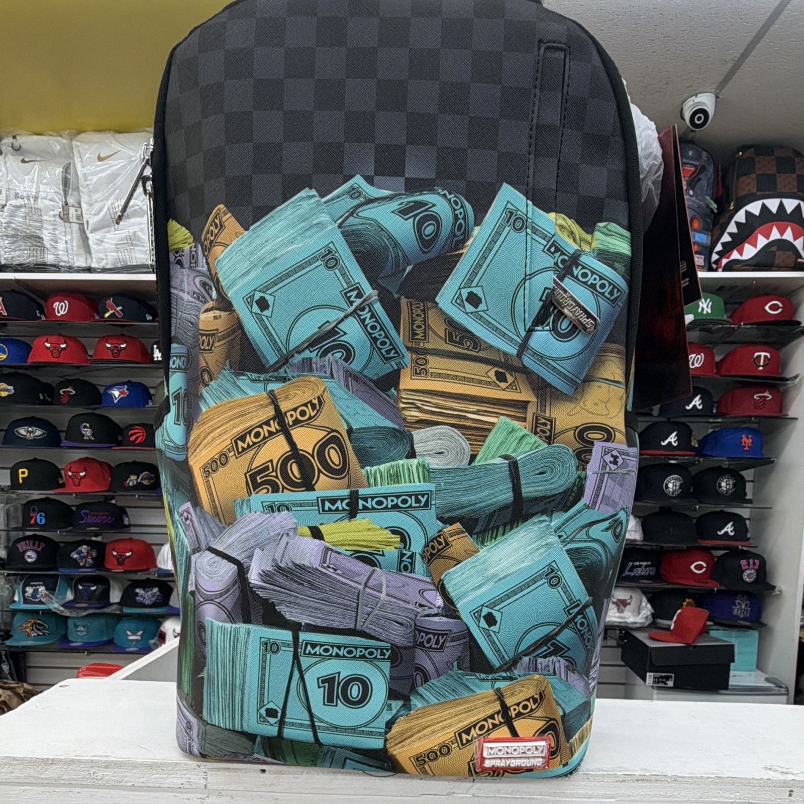 Sprayground Monopoly Money Stack Checkered Backpack Zip Adjustable Strap Pockets