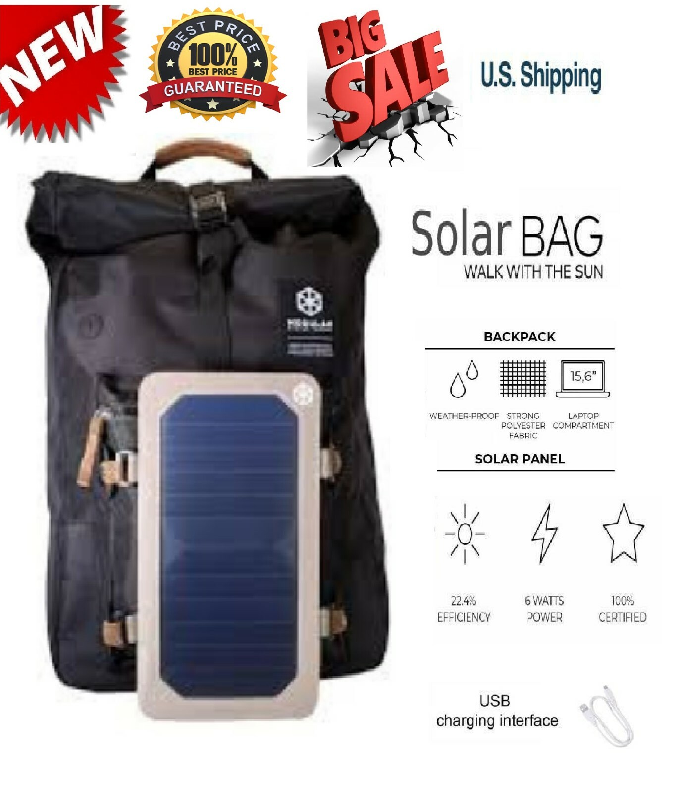Portable Solar Charger Backpack -7W Solar Panel Charger Hiking Camping Rucksack