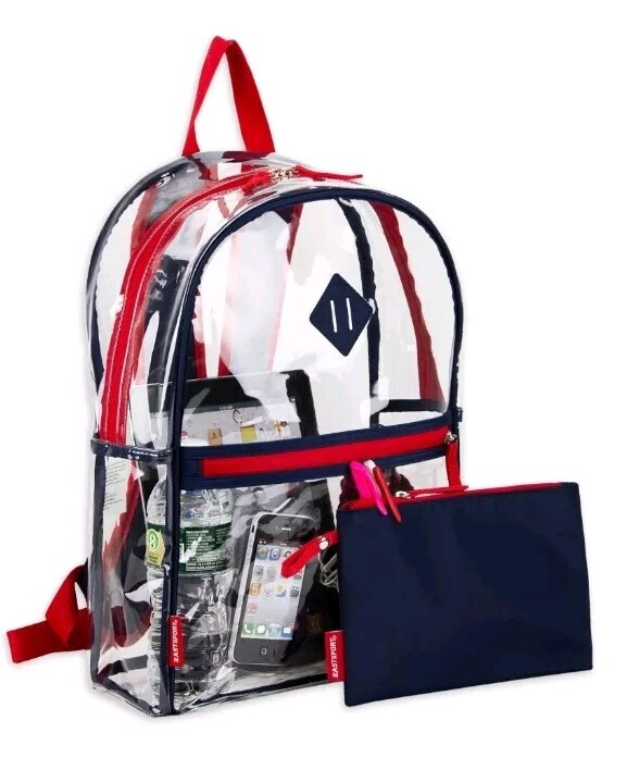 Eastsport Stadium Approved Clear Backpack with Pencil Case Blue Red Trim Or Pink