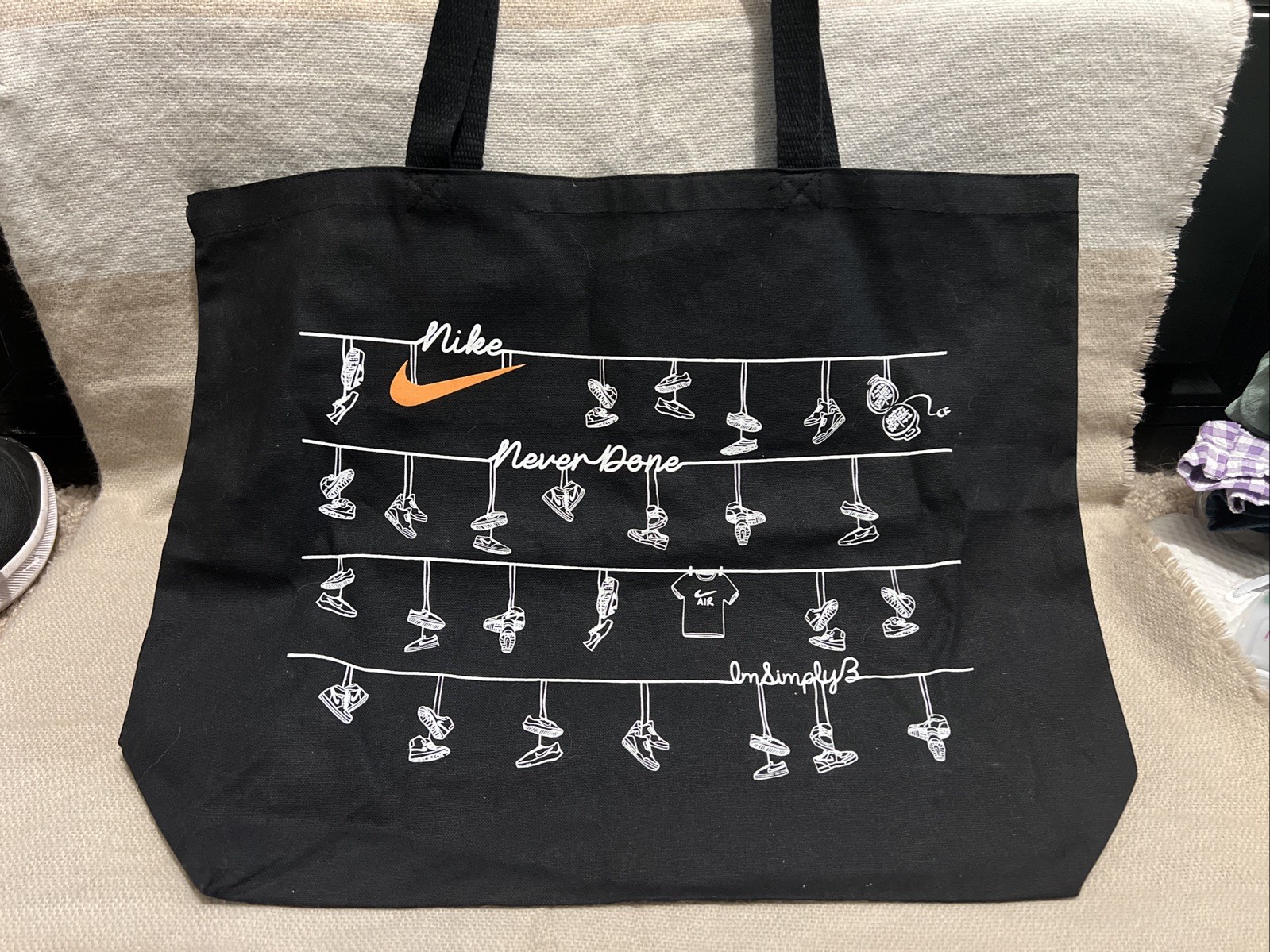 Nike Tote Bag, black, 18” Wide, 12” Deep, Nike Never Done, I’m Simply