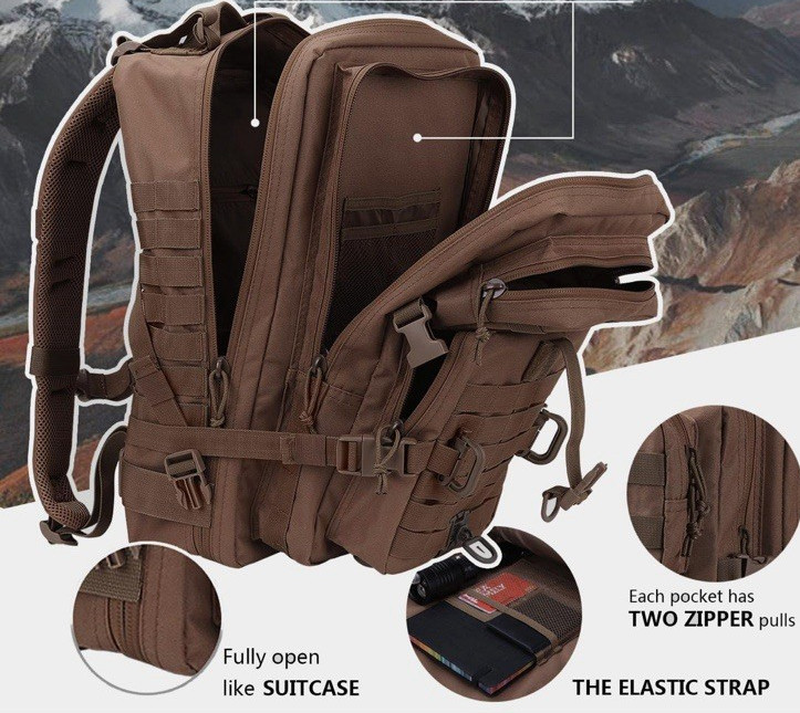 Tactical MOLLE Assault Backpack Military 3-Day Pack Camping Rucksack Brown