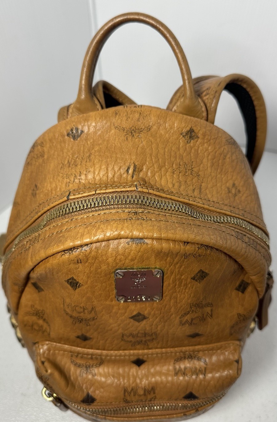MCM Visetos Side Studs Small Backpack Camel Brown Leather Logo Studded Bag