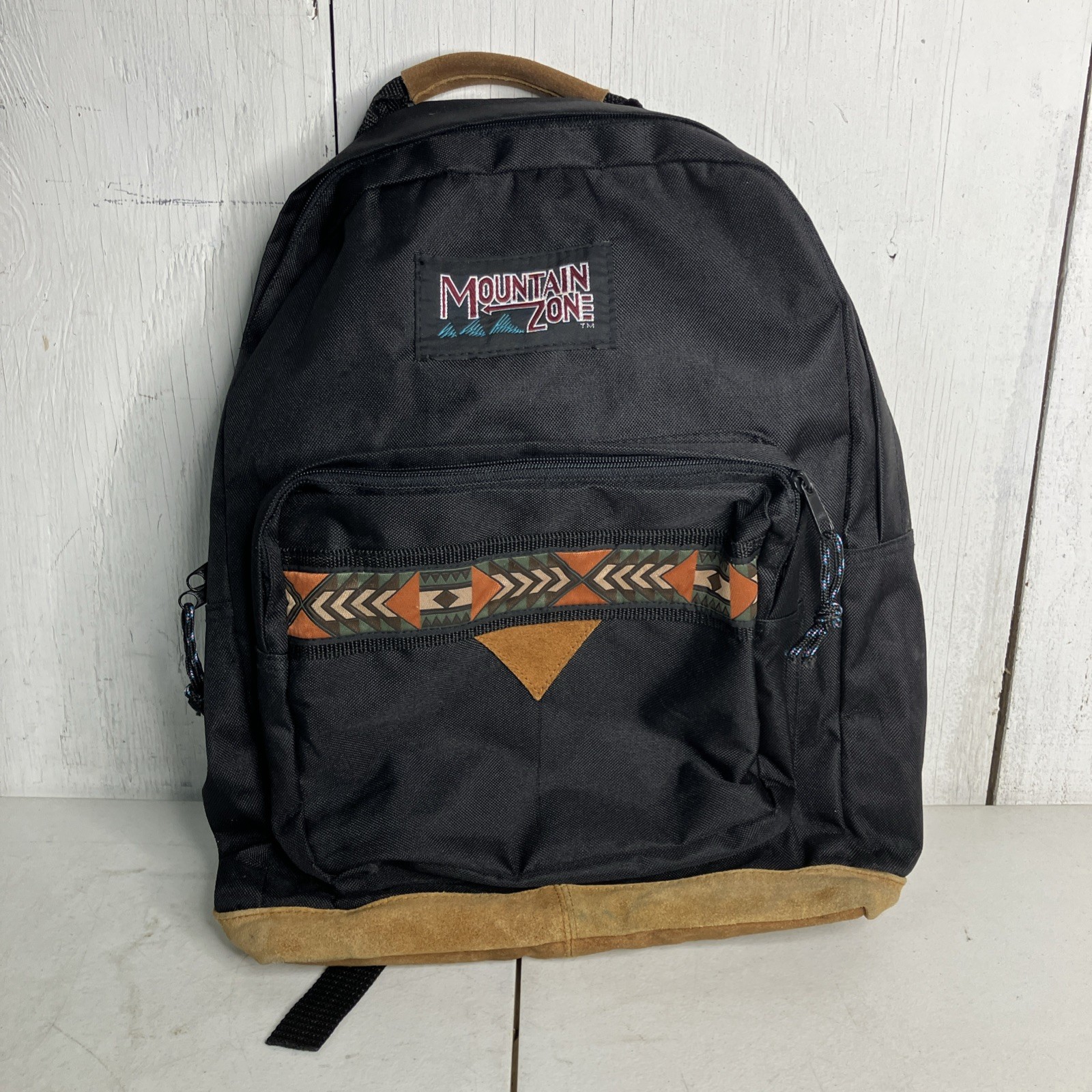 Mountain Zone Backpack Aztec Black Suede Leather Bottom Cool Student Vintage