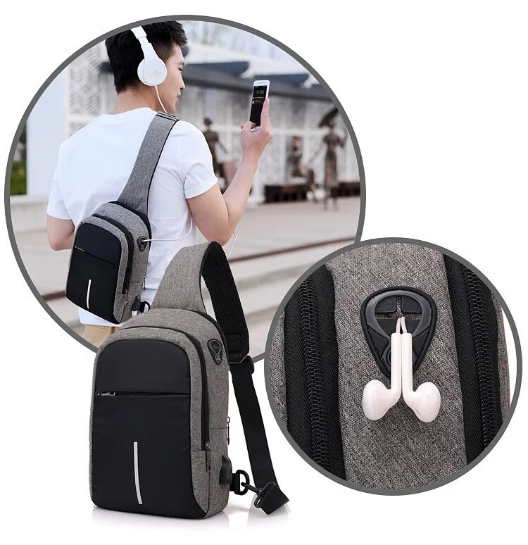Men’s Mono Shoulder Backpack Small Shoulder Bag With USB Business Pouch BLACK