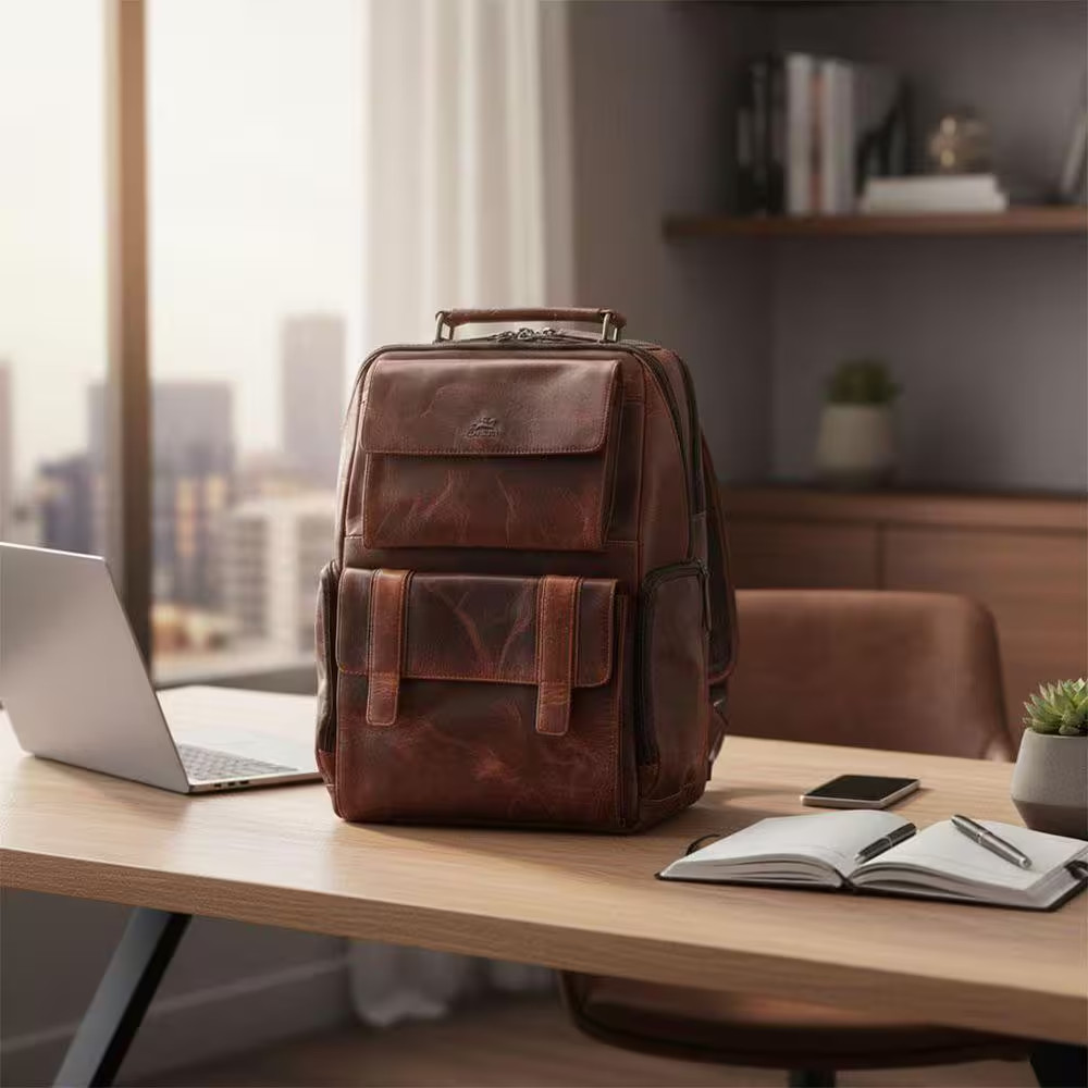 Buffalo Collection 13 In. L X 7 In. D X 16 In. H Brown Leather Backpack with RFI