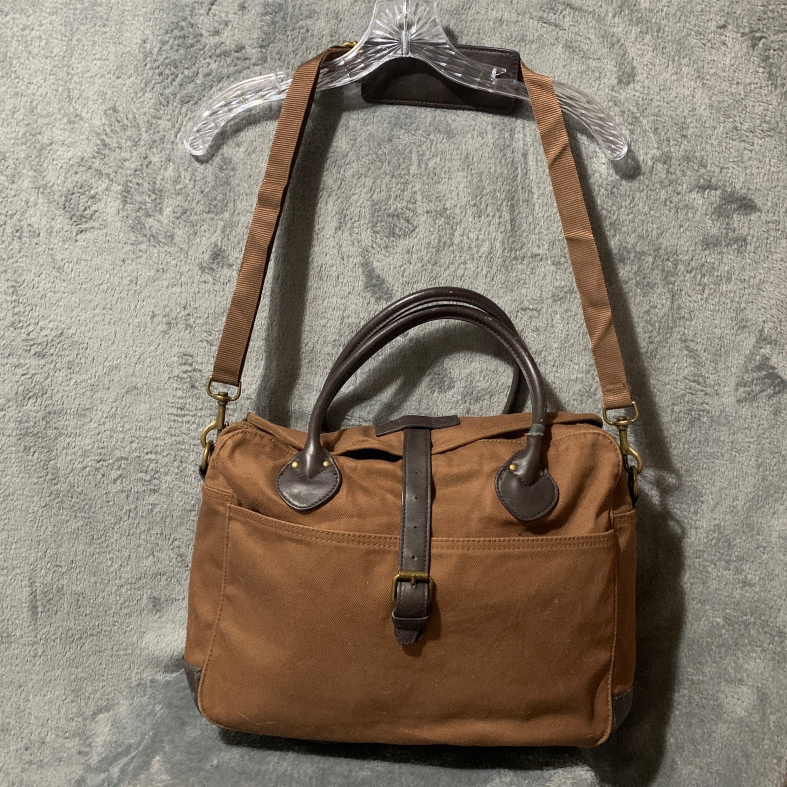 J. Crew Brown Canvas Messenger Bag Leather Trim Crossbody Satchel RN77388 Faw