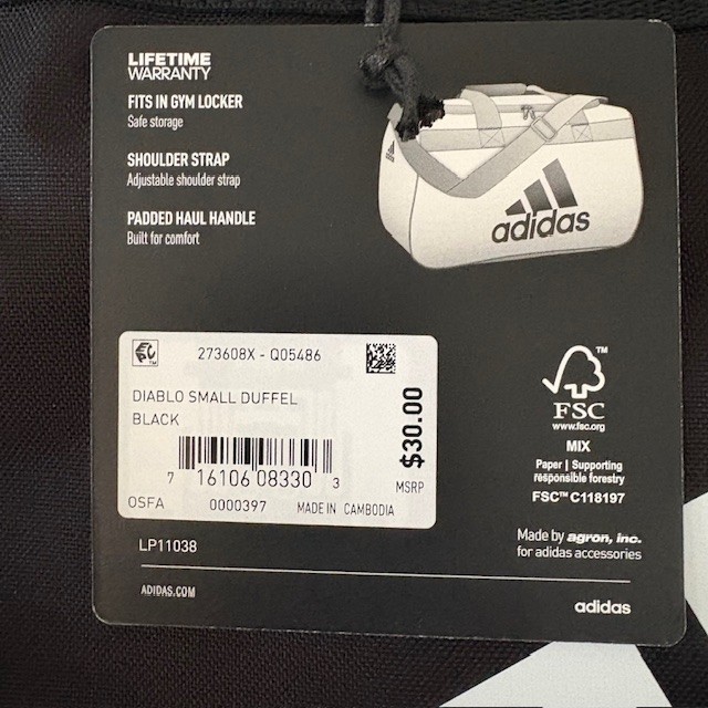 Adidas Diablo Small Duffel Black Fits Gym Locker Lifetime Warranty LP 11038