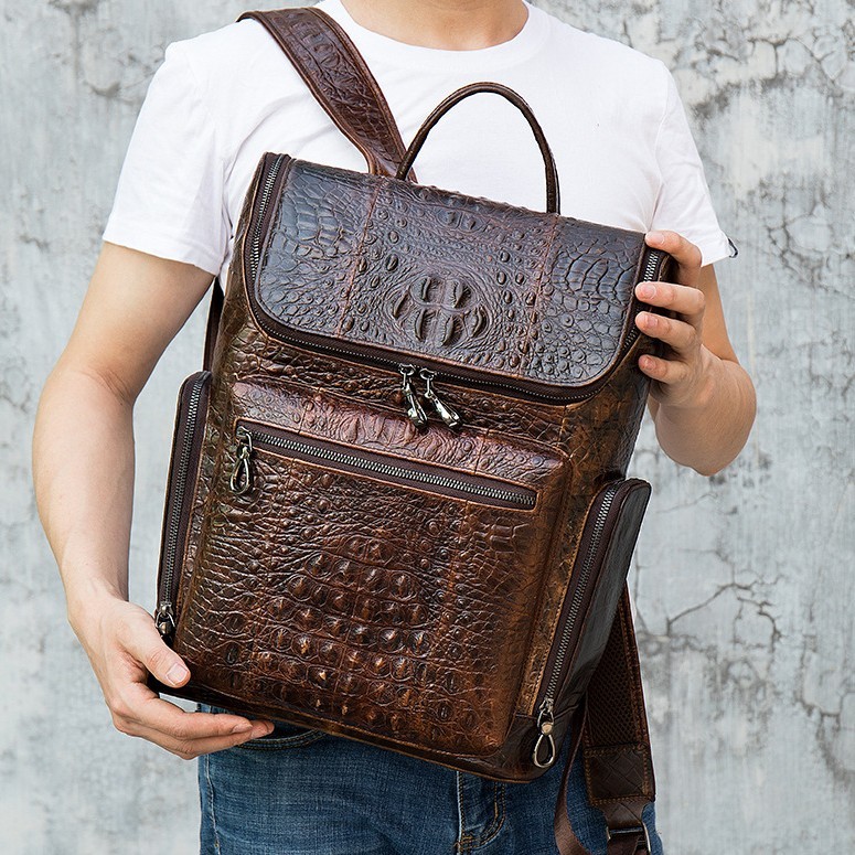 Top Cowhide Leather Men’s Backpack Crocodile Pattern Travel Bag 30 x 10.5 x 39cm