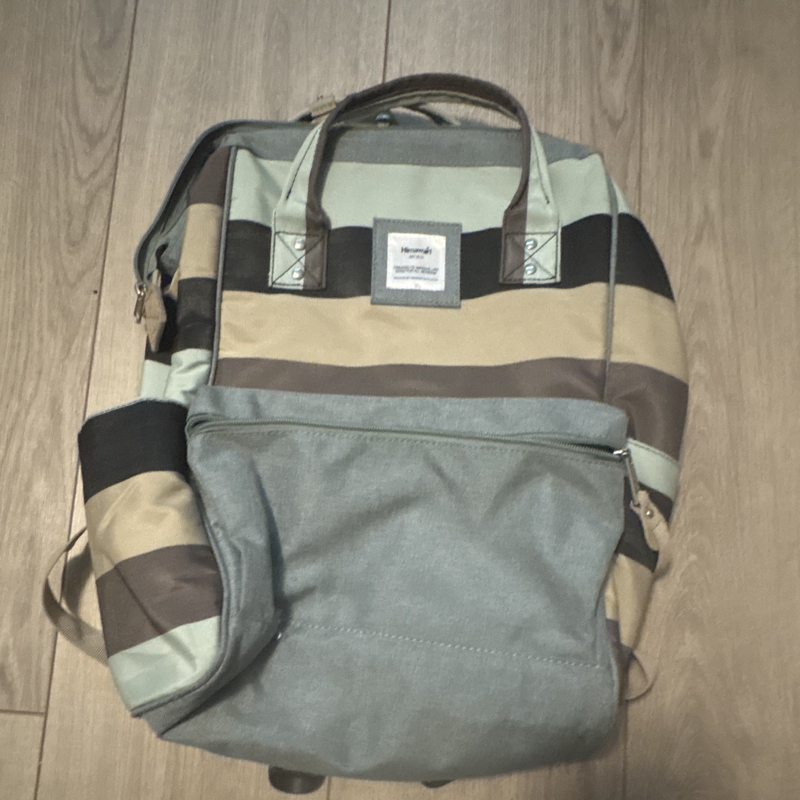Himawari Striped Backpack Zip Top Handle Pockets Gray Beige Black Brown