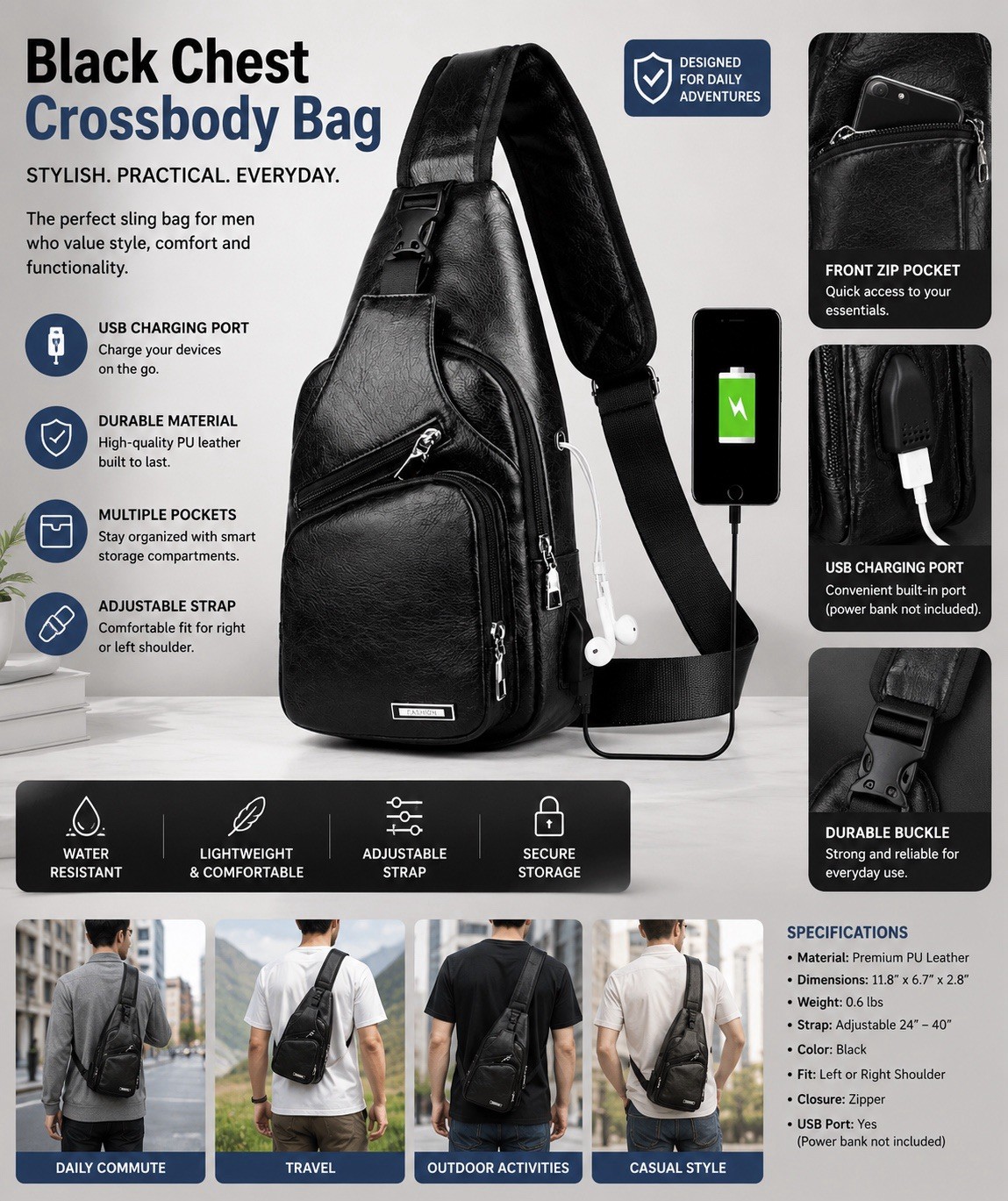 Men’s Black Sling Chest Crossbody Bag, USB Port, Water Resistant