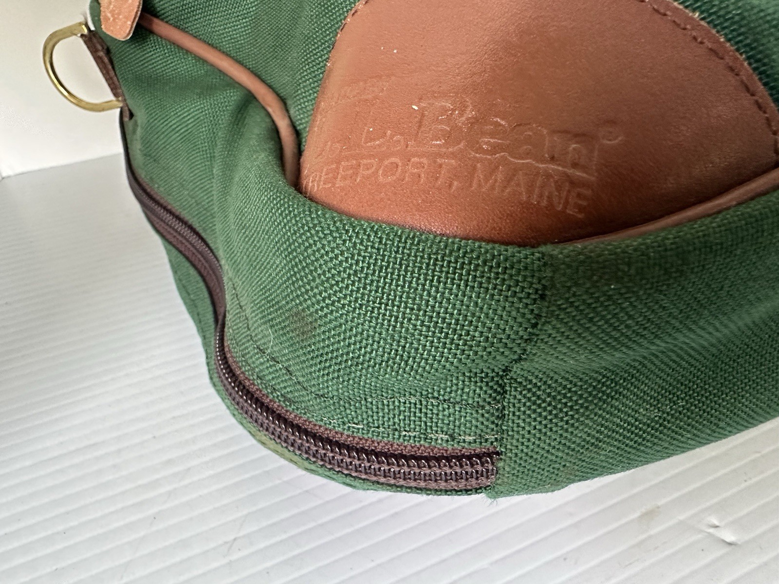 LL Bean Vintage Canvas/Leather Briefcase Laptop Bag Green Embroidered , No Strap