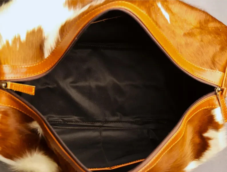 Brown White Hair On Cowhide Leather Duffle Bag Men Women Travel Weekender Overni