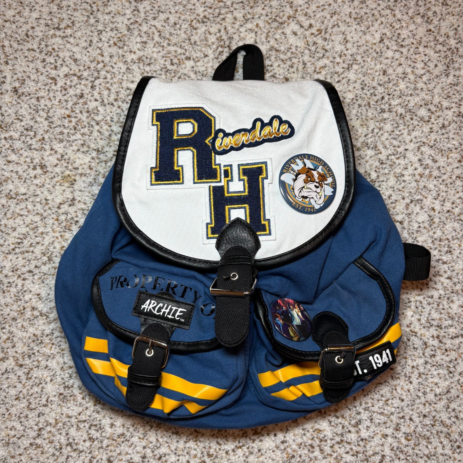 RIVERDALE ARCHIE VARSITY SLOUCH BACKPACK BAG BLUE RH PATCH & BUTTON HOT TOPIC