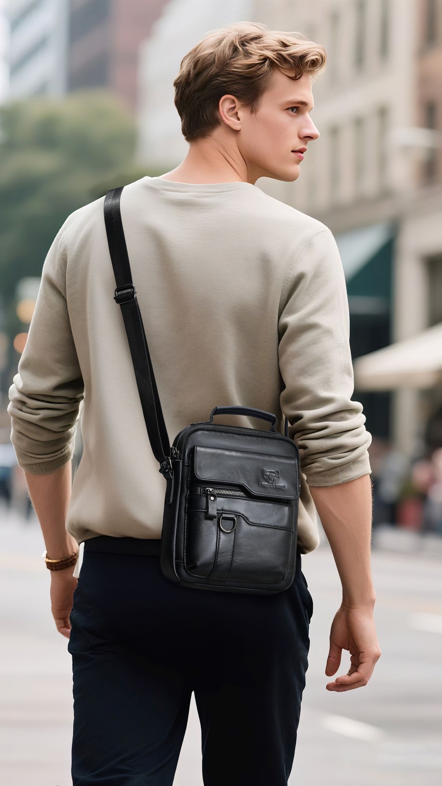 Men’s Genuine Leather Crossbody Bag Shoulder Messenger with Handle Multi-Pocket