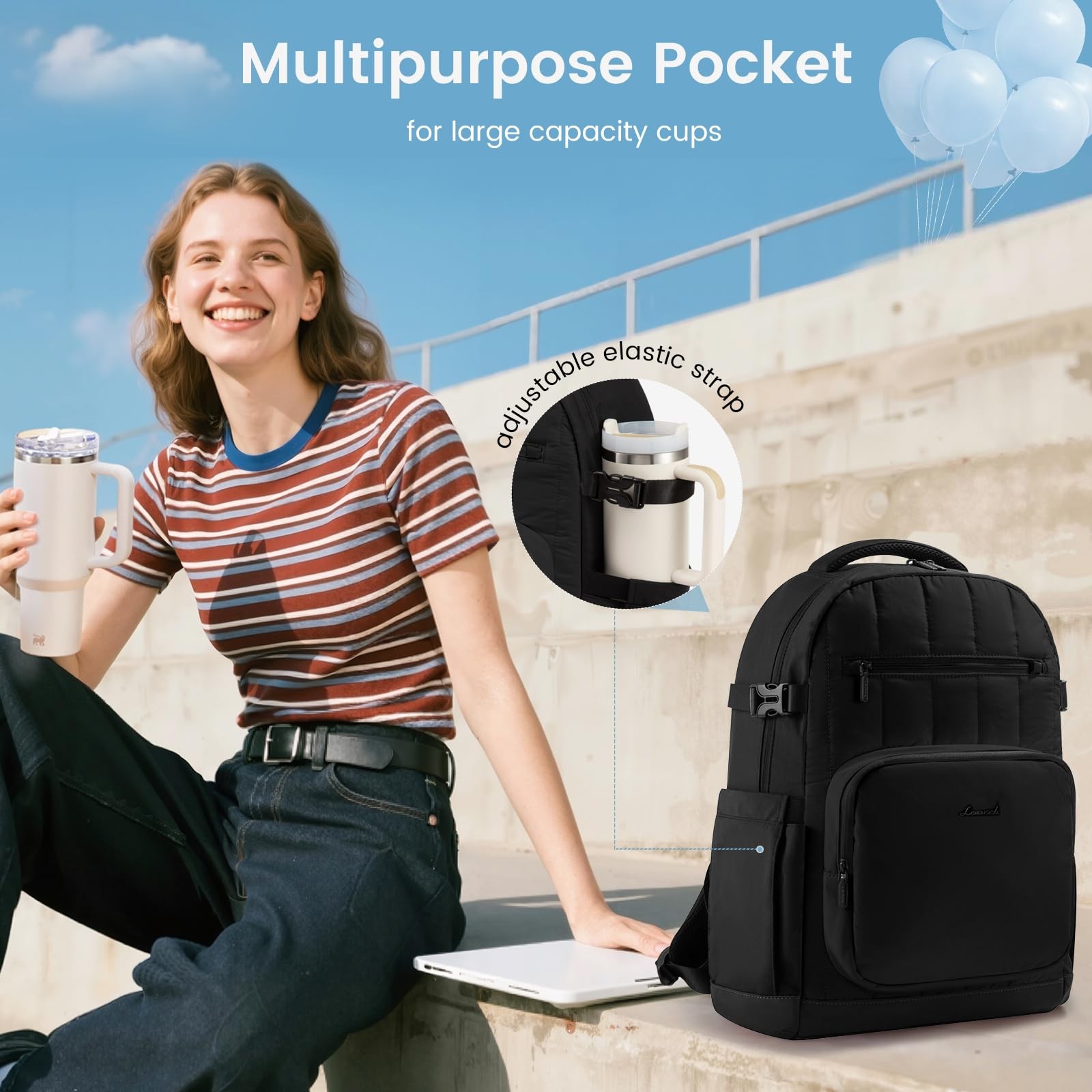 15.6 Inch Laptop Backpack for Women with Tumbler Holder, Black