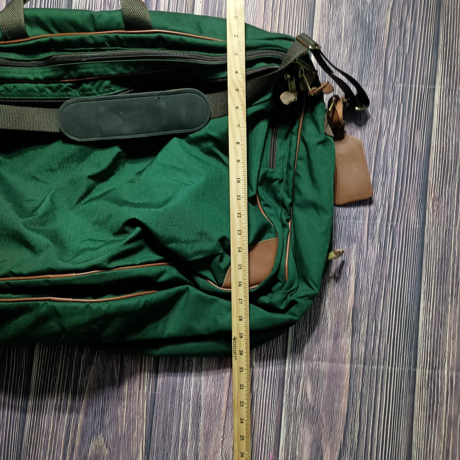 Vintage LL Bean Green Brown Canvas Weekender Bag Full Zip Luggage Leather Trim