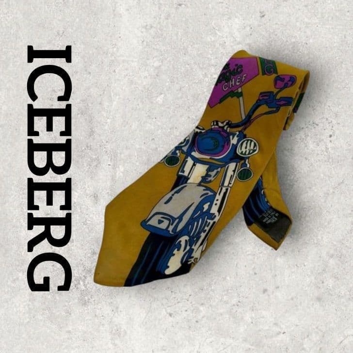 ICEBERG Silk Tie Motorcycle Design Yellow Made in Italy