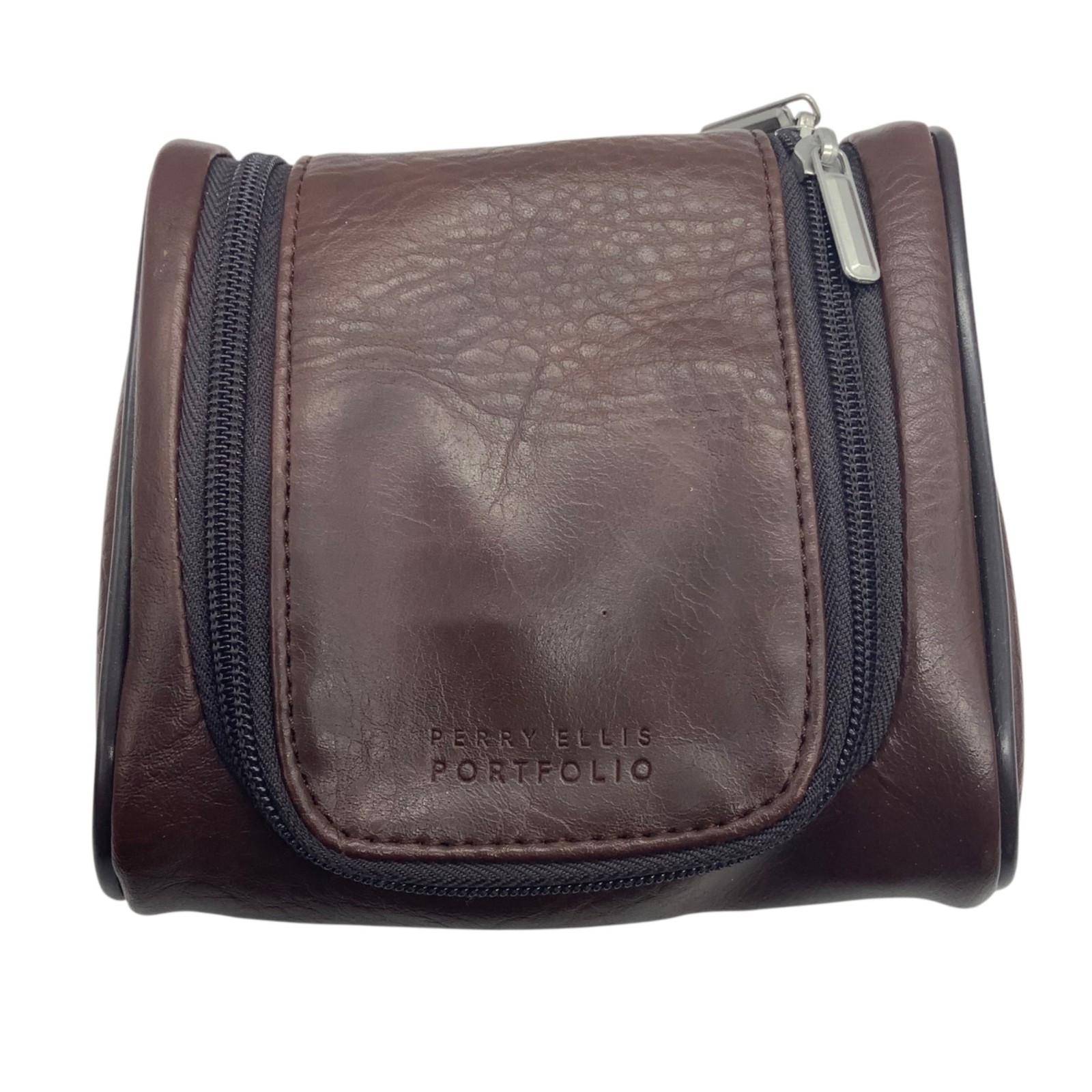 Perry Ellis Portfolio Brown Toiletry Bag Zipper Compartments 6”x5.5”x2”