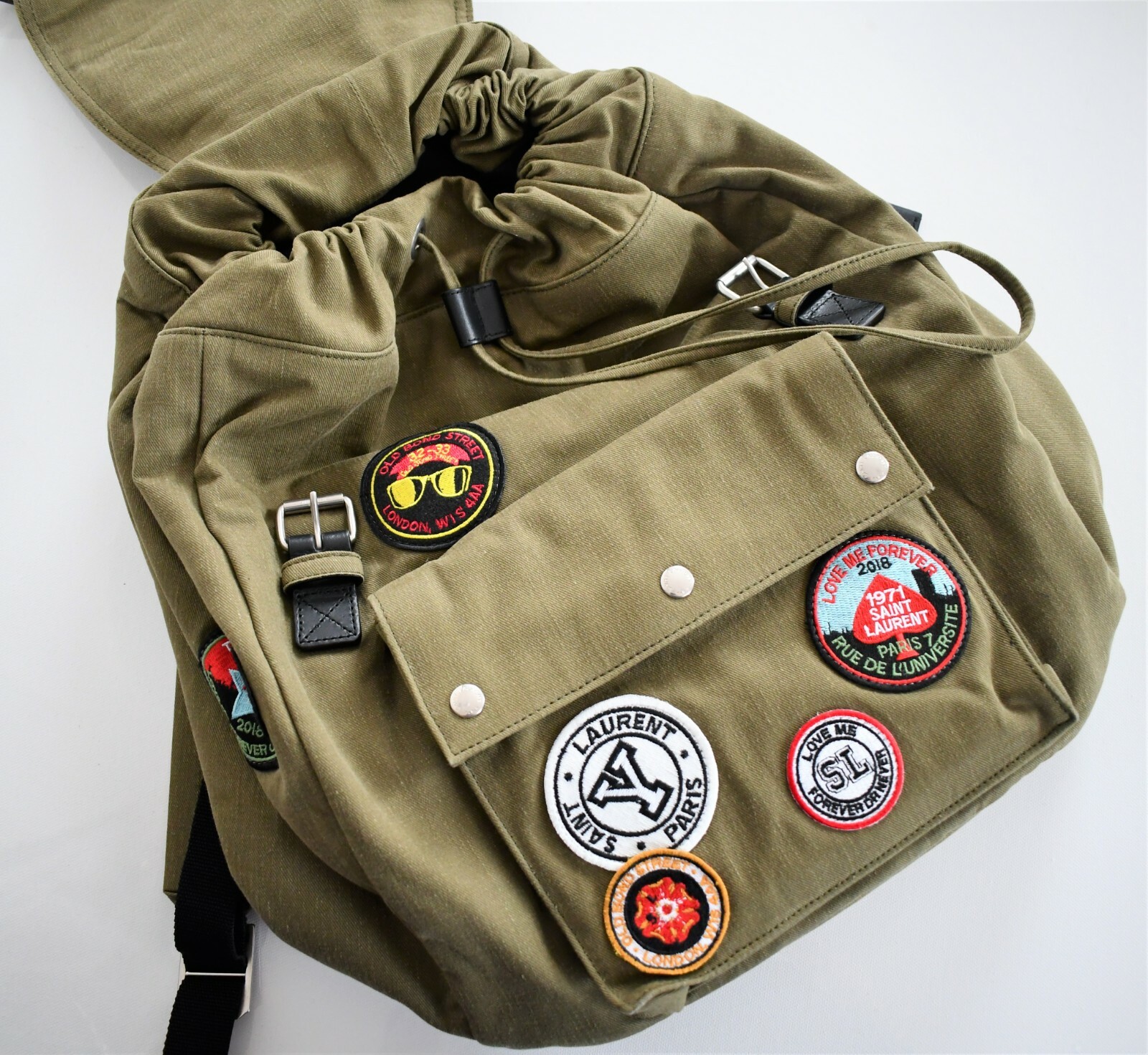 🆕️ Authentic SAINT LAURENT Green NOE MULTICOLORED PATCHES Canvas BACKPACK