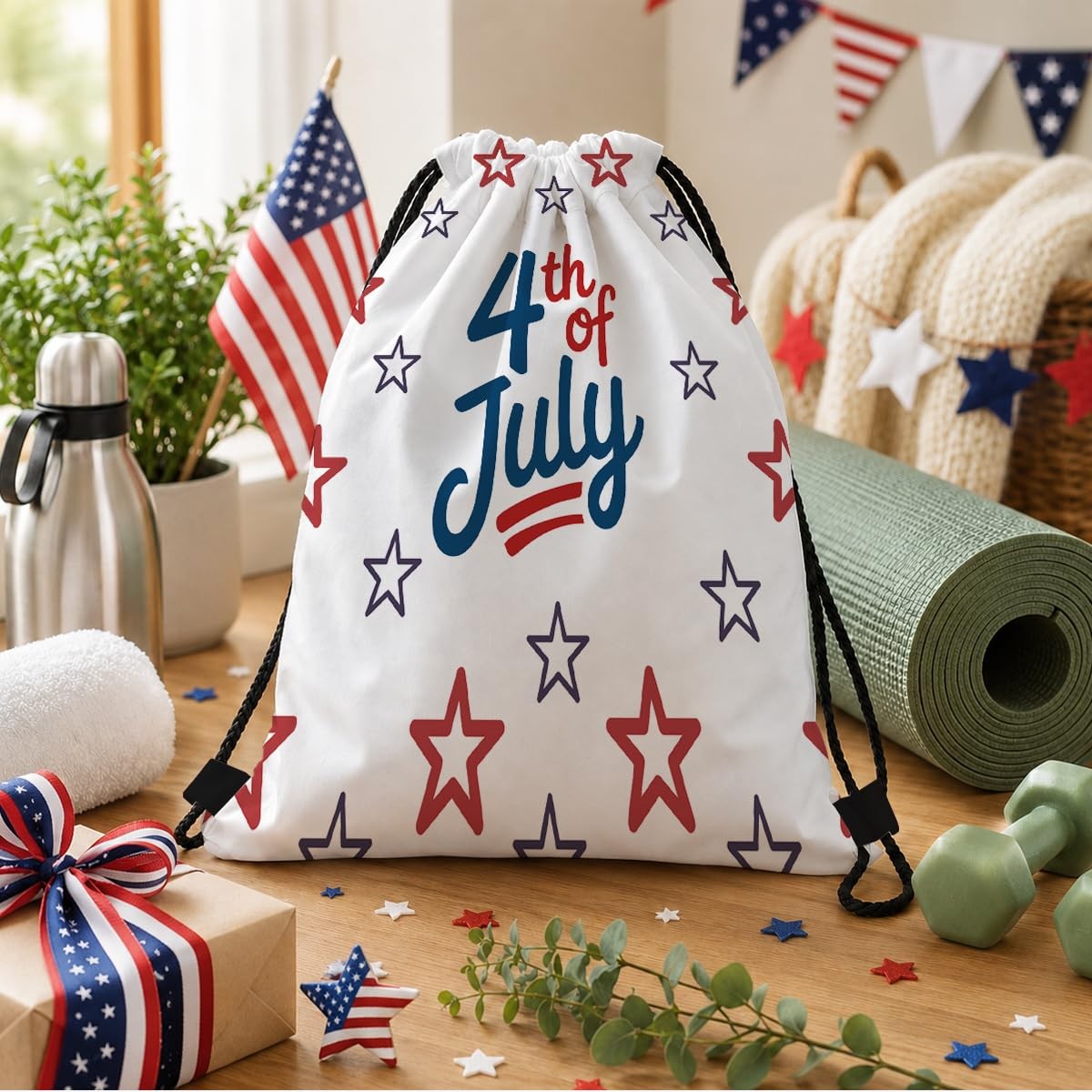 Drawstring Backpack, 4th of July Patriotic Gym Bag, Star Print Sackpack for B…