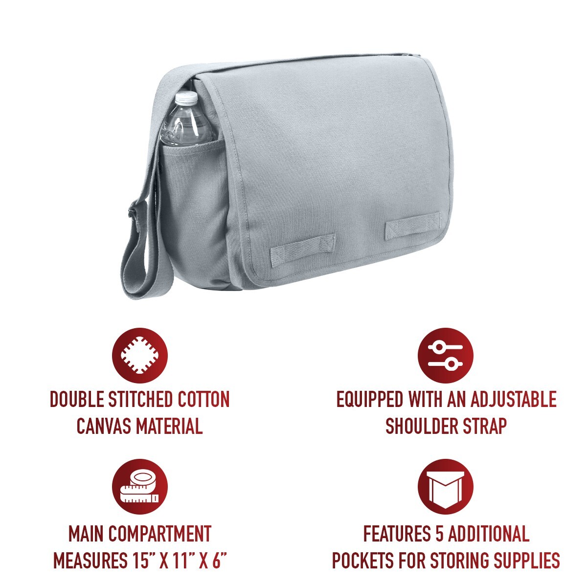 Vintage Grey Heavyweight Cotton Canvas Shoulder Messenger Bag Rothco 8172 NWT
