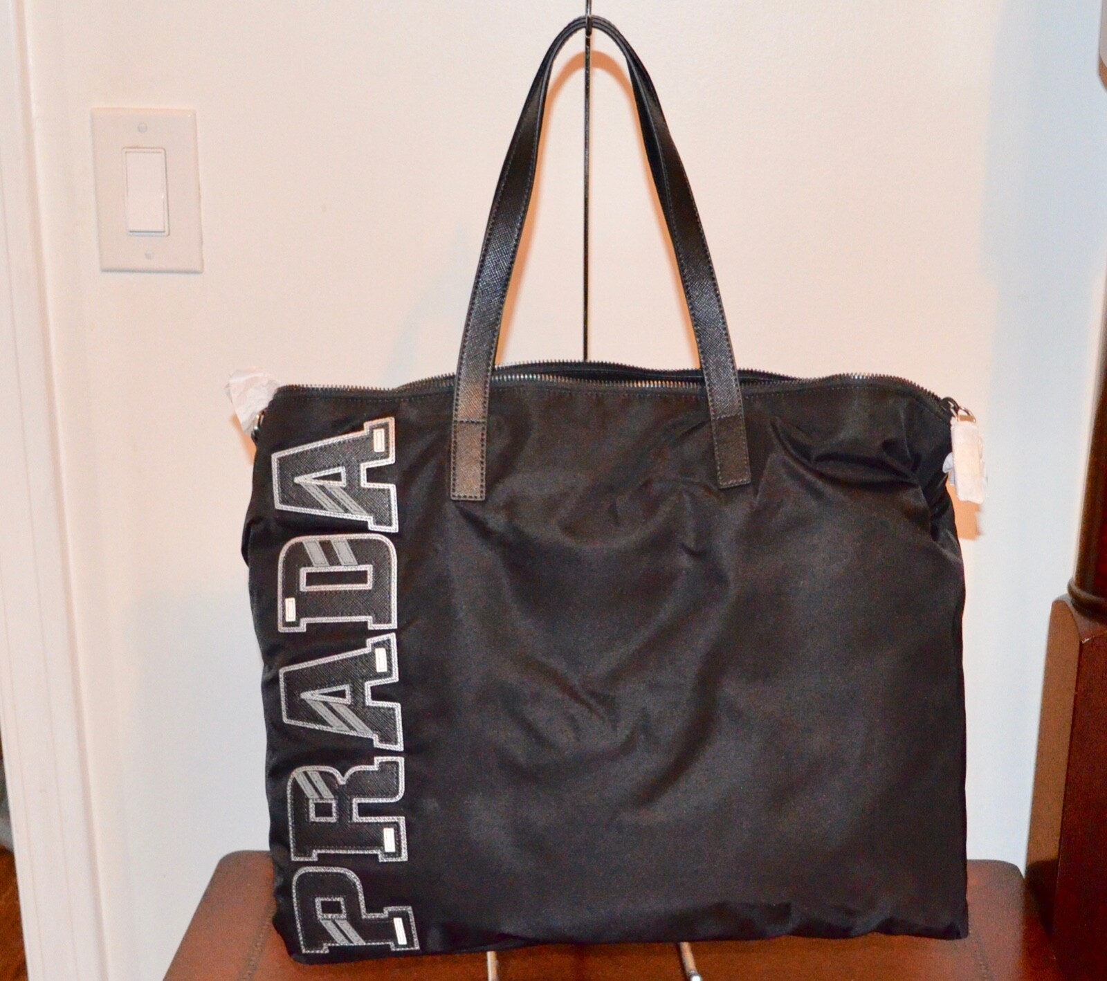 PRADA NYLON ZIPPER LEATHER HANDLE STRAP LOGO PATCH TRAVEL OVERNIGHT TOTE