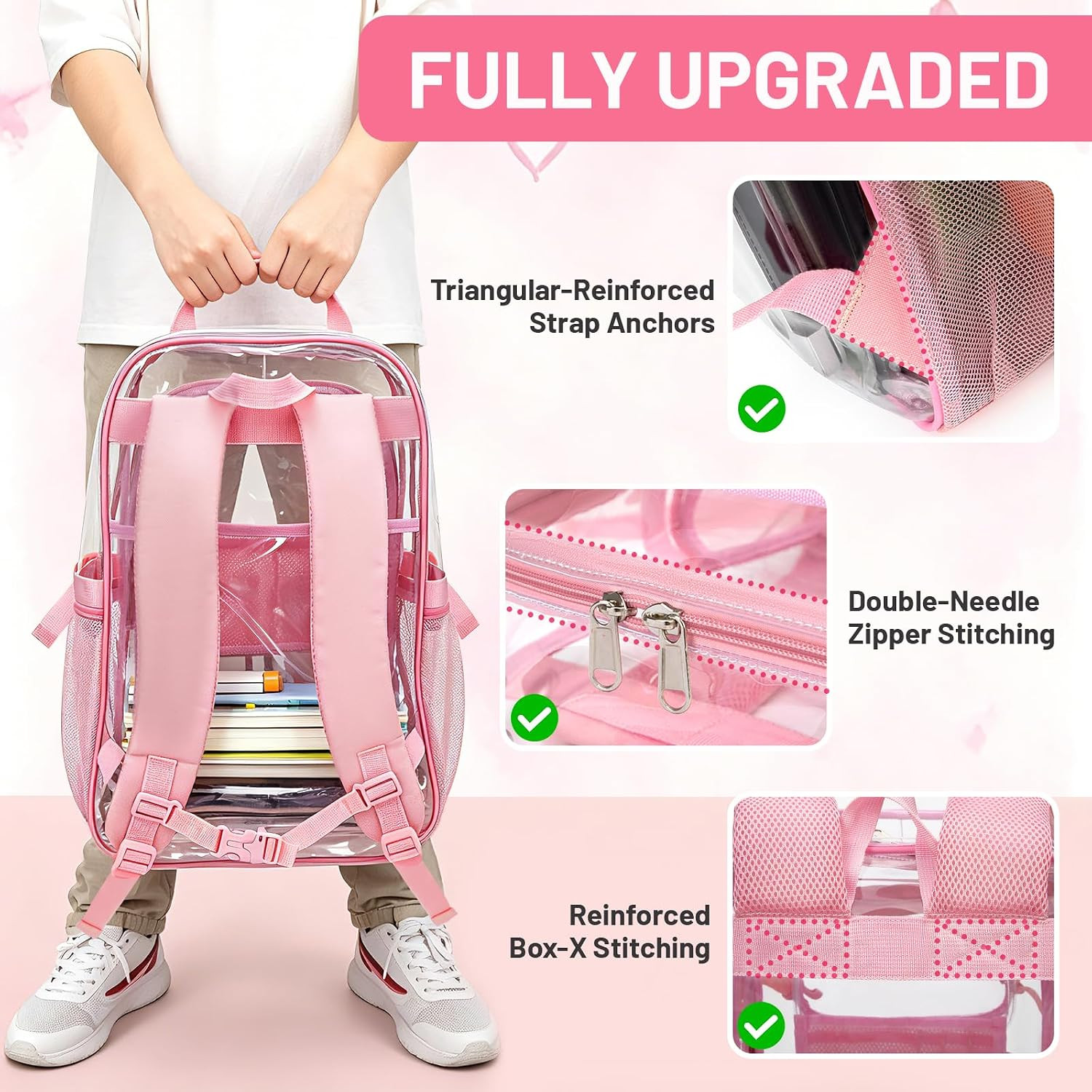 17 Inch Heavy Duty PVC Clear Backpack, Large Multi-Pocket Transparent Bookbag fo
