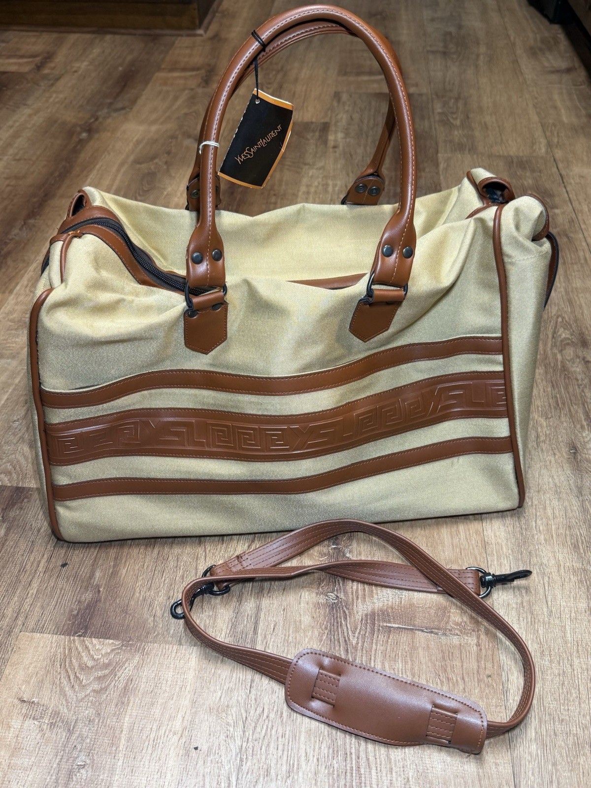 NEW Vintage Yves Saint Laurent YSL Weekender Duffel Travel Bag Canvas Brown Tan