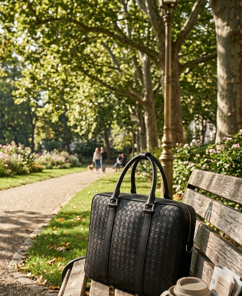 Black Woven Leather Laptop Briefcase Business Bag Office Messenger Handbag