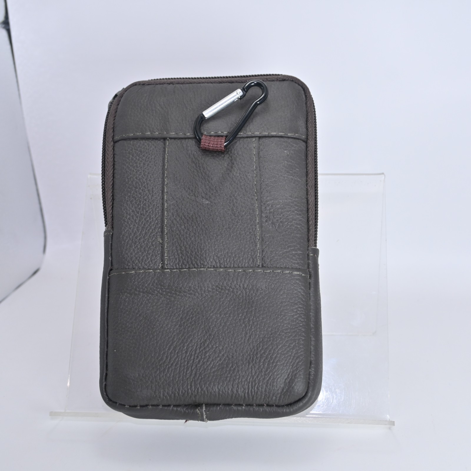 Brown small purse has carabiner hook go thru belt loop magnetic snap/pockets