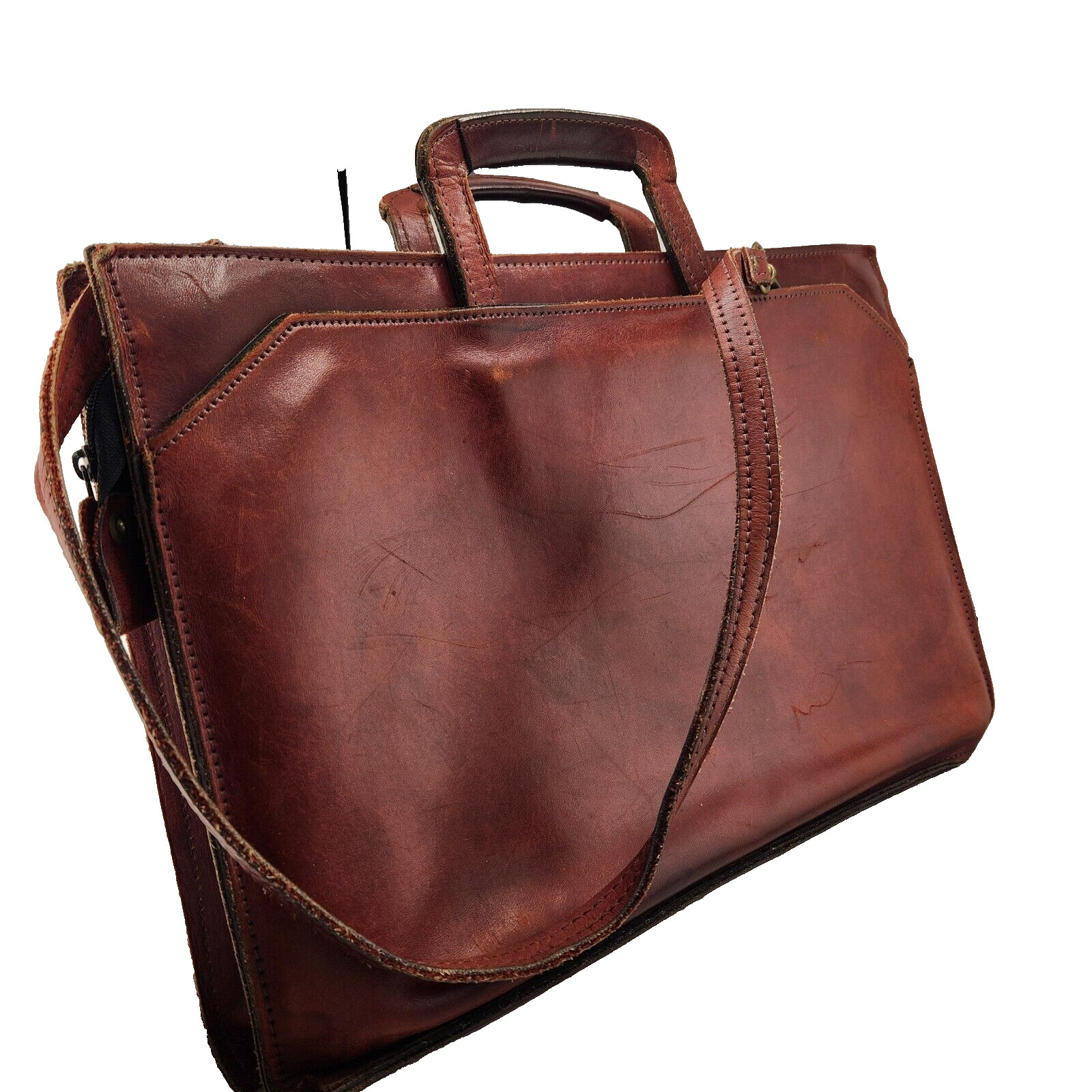 Brown Leather Briefcase Attache Vintage Dbl Handles Crossbody 16.5″ x 11″ x 3″