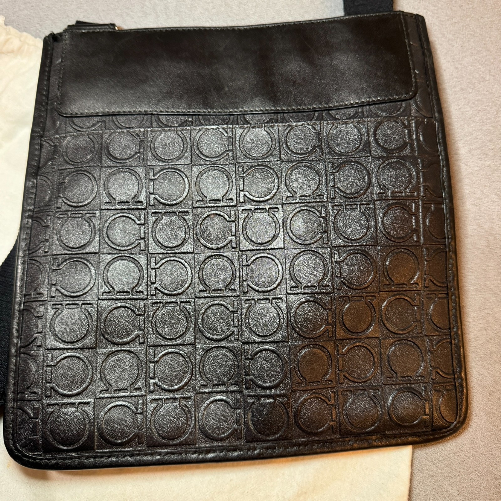 Salvatore Ferragamo Embossed Gancini Leather Crossbody Bag – Black Made in Italy