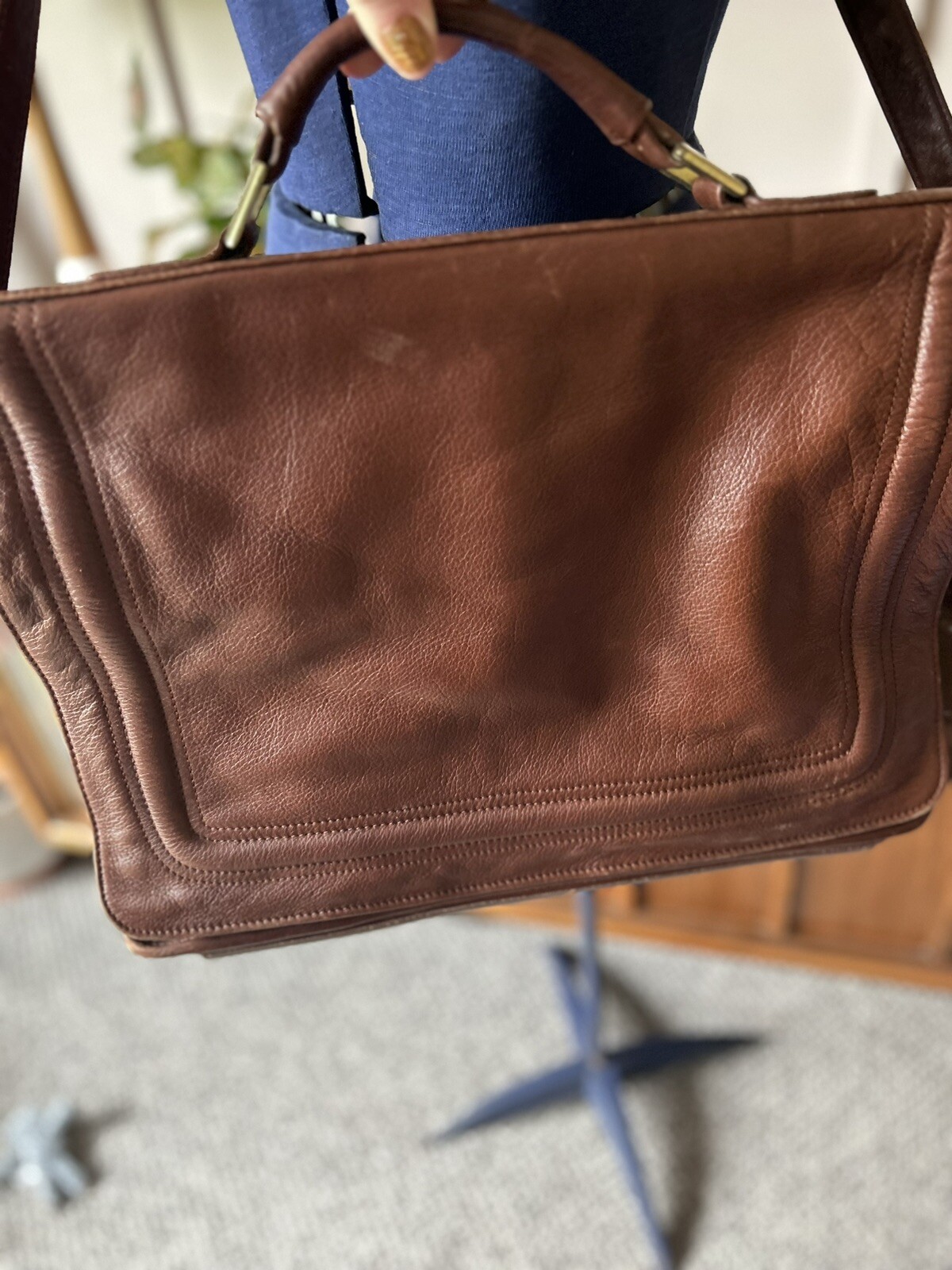 Green Fields Shafmaster Brown Leather Messenger Shoulder Laptop Bag Briefcase