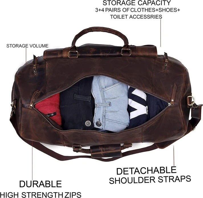 Vintage Buffalo Leather Duffel Bag 28″ Mens Travel Weekend Bag