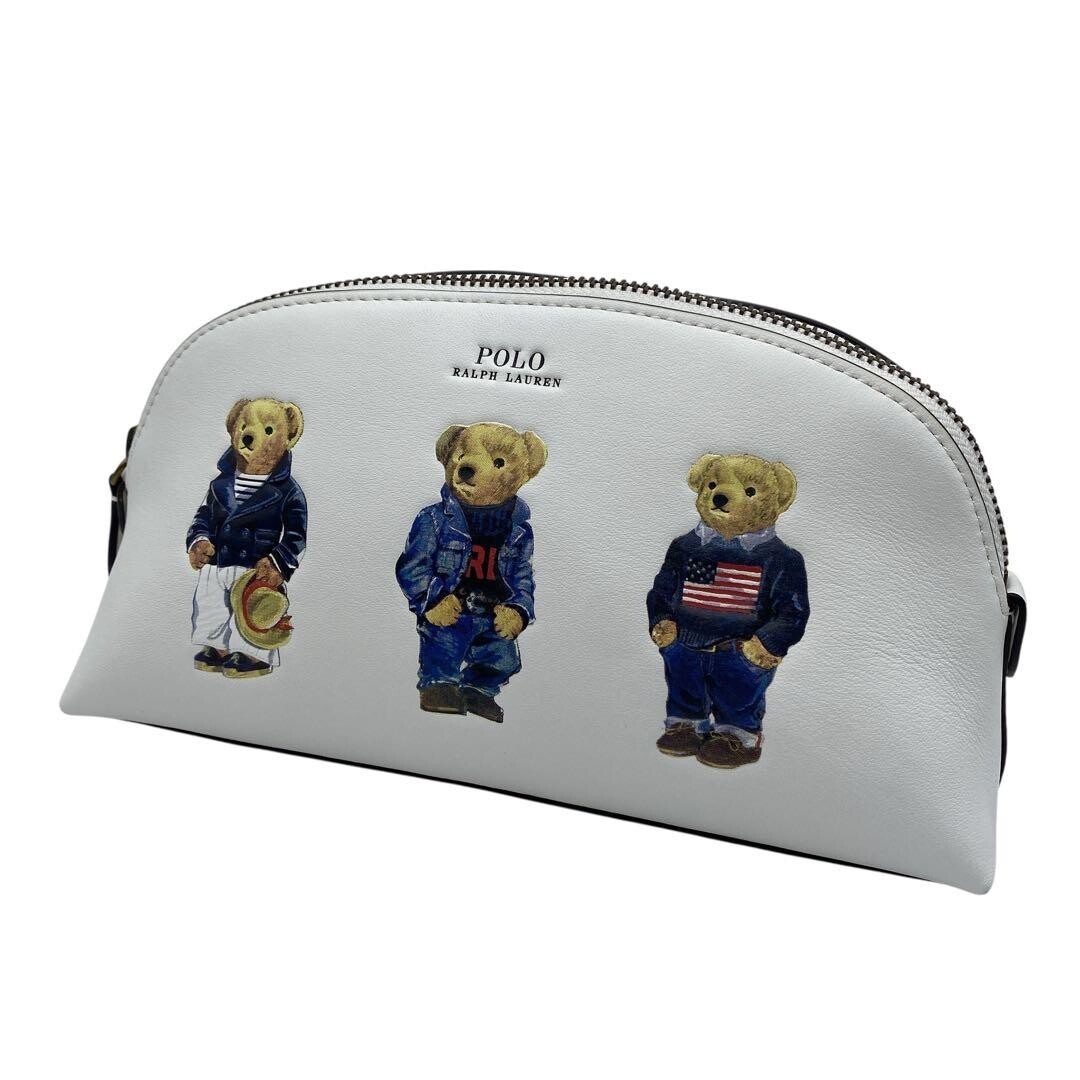 Polo Ralph Lauren Polo Bear Leather Pouch White Zipper Ladies 23cm 13cm