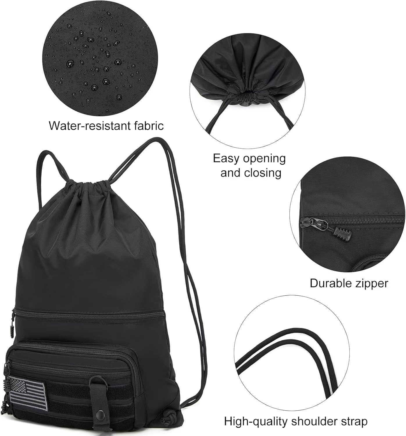 seyfocnia Drawstring Backpack Tactical String Bag with Zipper Pockets Waterproof