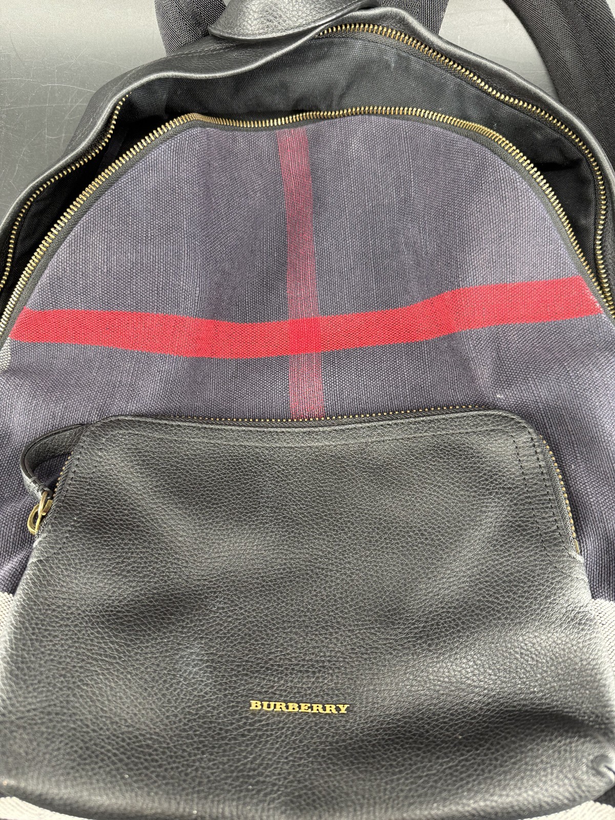 Burberry Blue Canvas Exploded Check Backpack Leather Trim Box Dust Bag