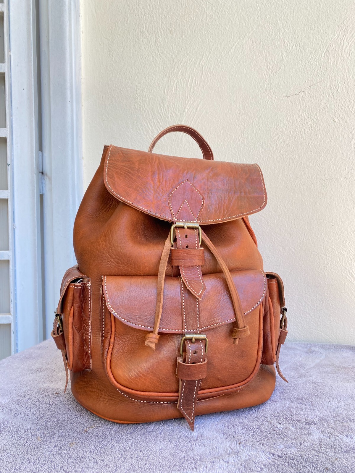 Cognac Leather Backpack Handmade Morocco Belt Buckle Front Back Pocket