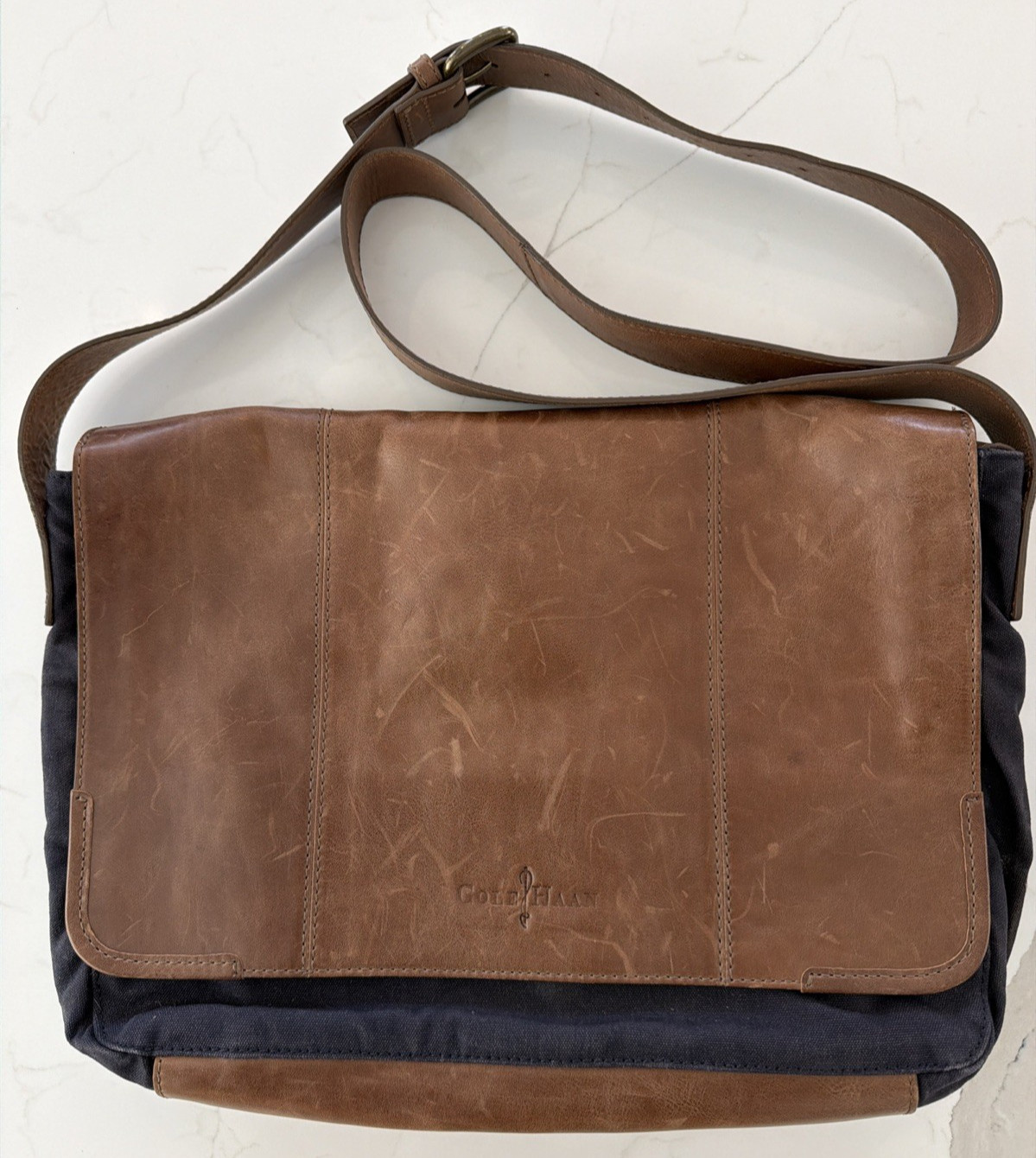 Cole Haan Canvas & Leather Messenger Bag Crossbody Laptop Flap Case