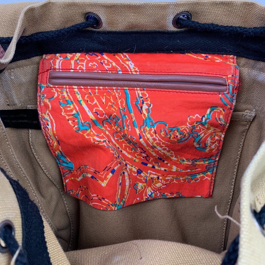 Robert Graham Drawstring Canvas w/Leather Trim Backpack/Book Bag • Beige/Tan