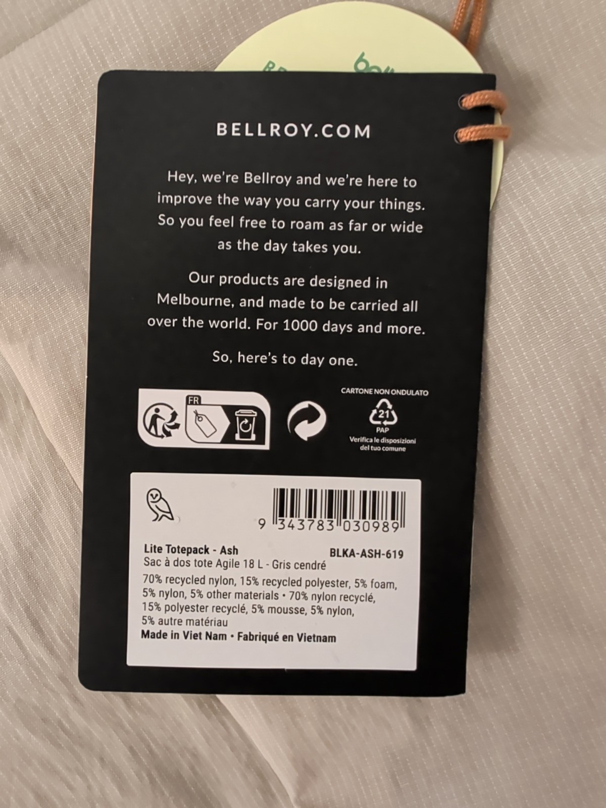 LAST ONE! Bellroy Lite Totepack Backpack Combo, 18L, Grey/Ash Color, NWT
