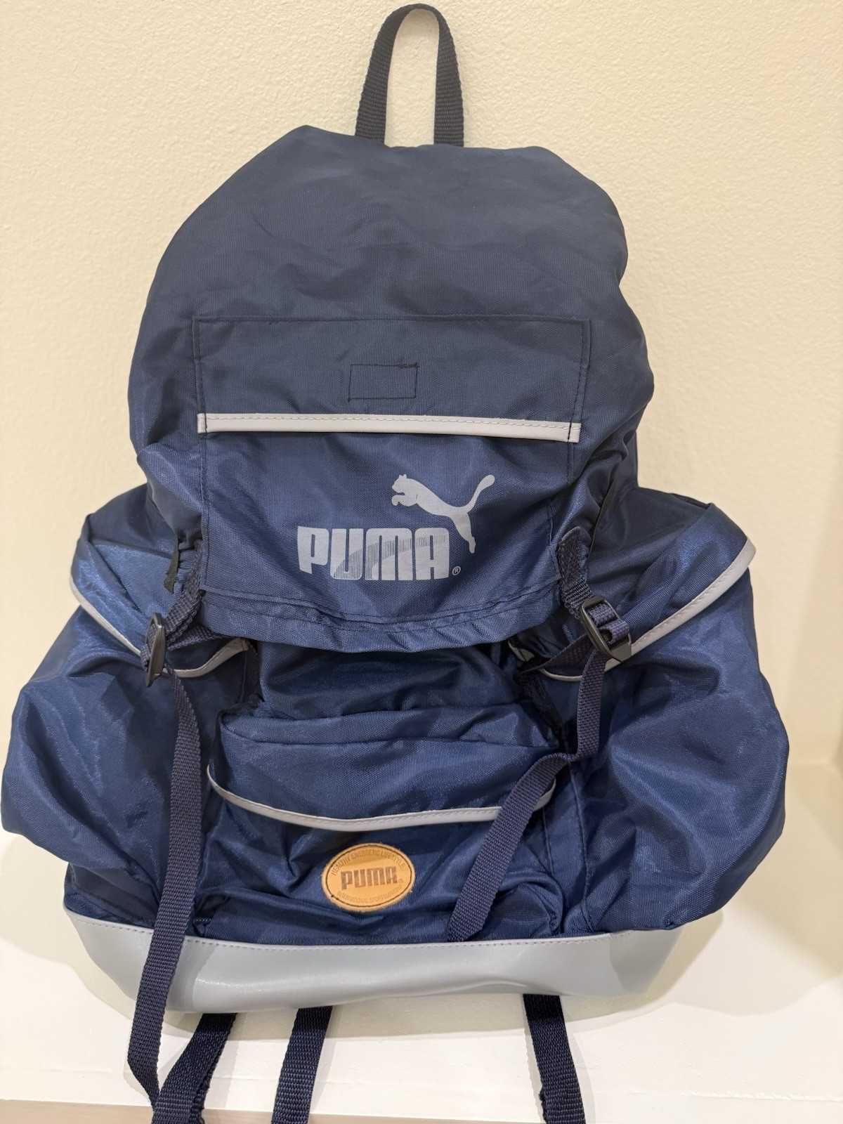 Y2K 90s PUMA King Backpack Blue Sports Bag with Gray Leather bottom VTG