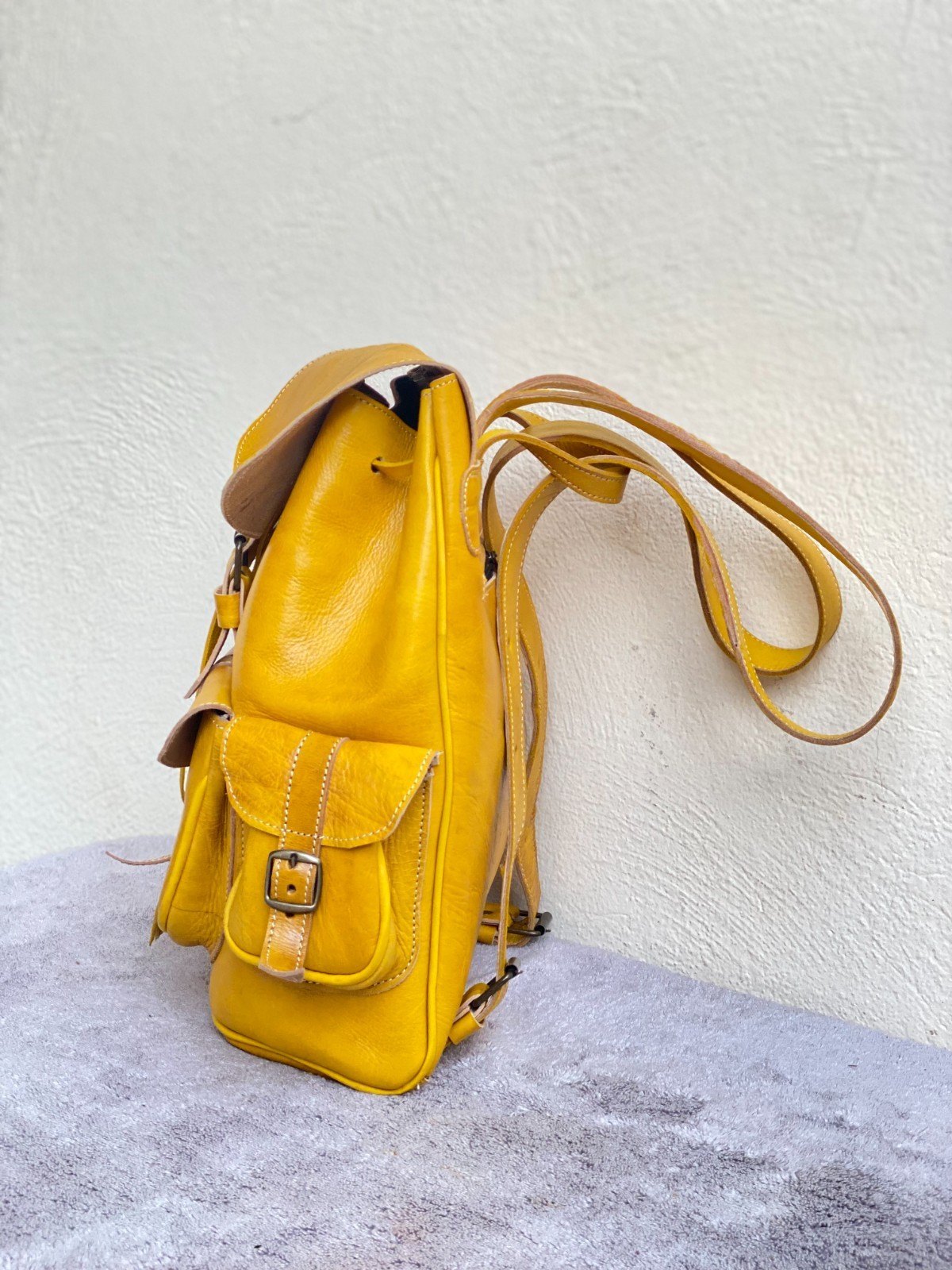 Yellow Leather Backpack Handmade Morocco Belt Buckle Front Back Pocket