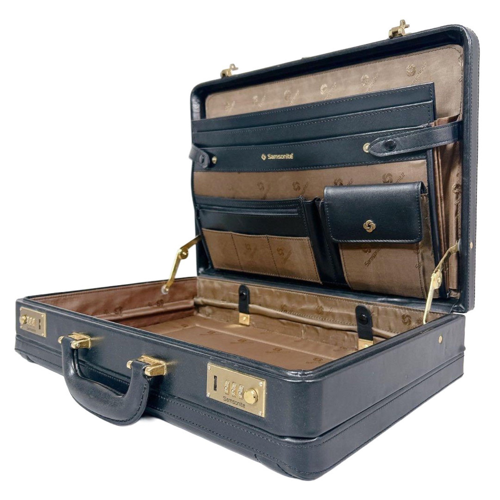 Samsonite Executive Leather Hard Attache Case Black & Gold Tumbler 1993 VINTAGE