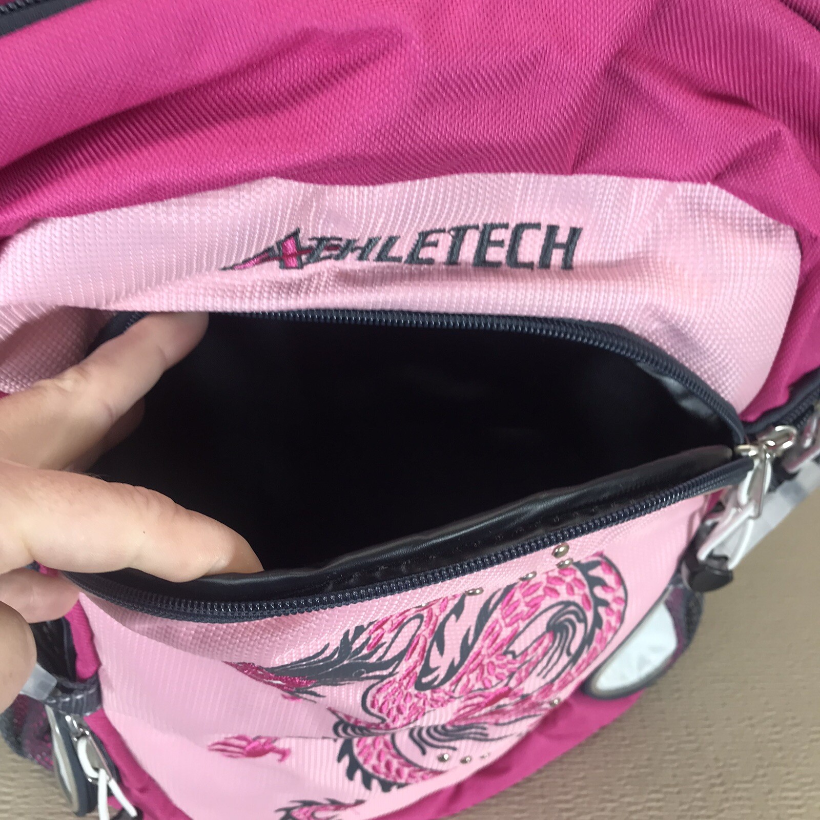 Athletech Pink Backpack Embroidered Dragon Pockets Water Bottle Pocket