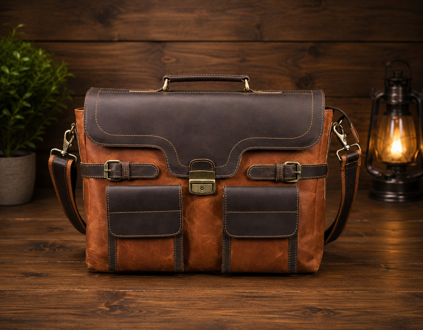 Vintage Handmade Leather Bag for Laptop two colour contrast