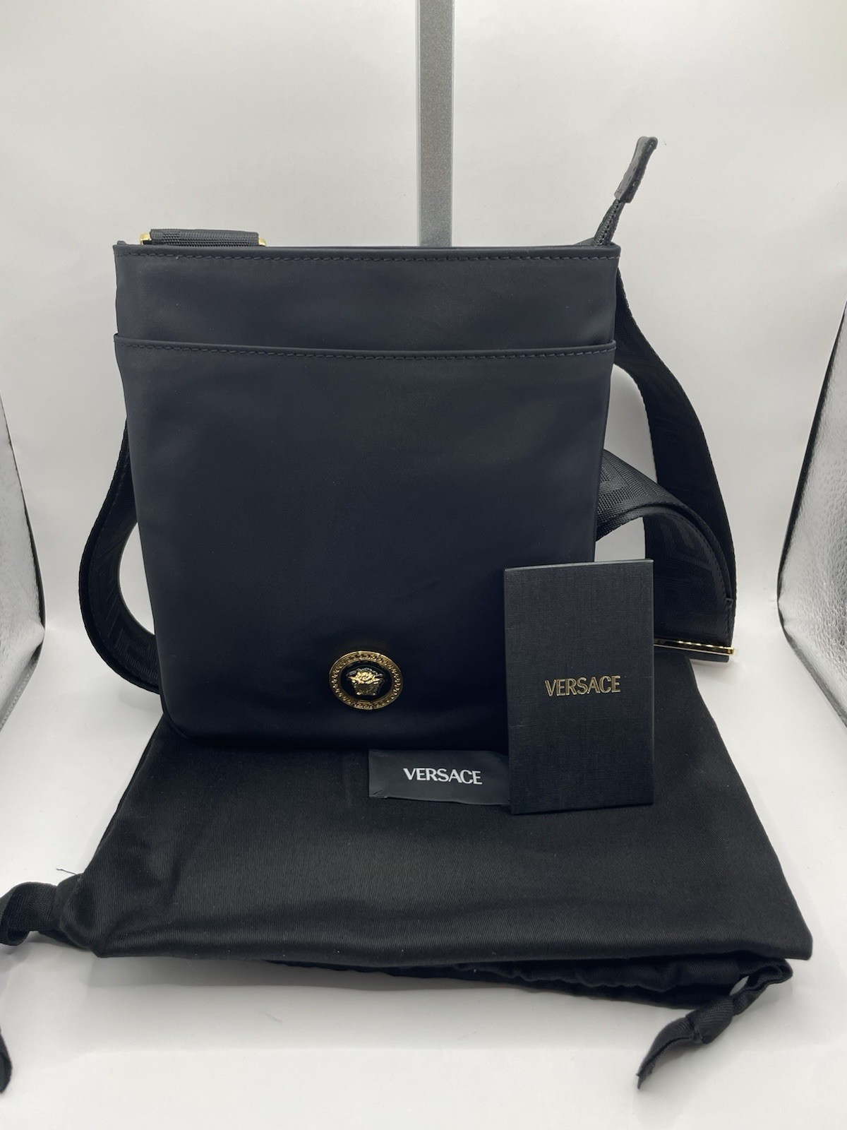 VERSACE Flat Crossbody Bag Fabric Calf Leather Black $850 Retail