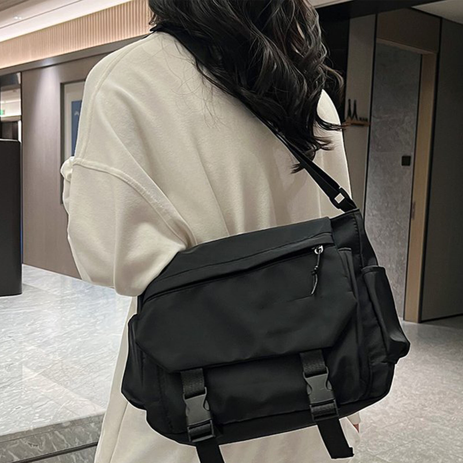 Casual Shoulder Bag Flap Over Messenger Bag Black For Men Women For School